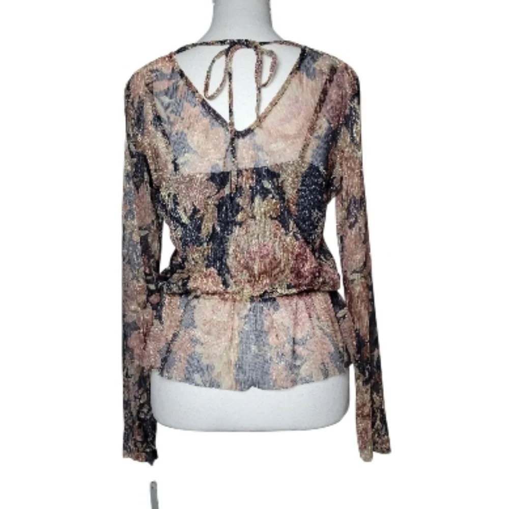 SALE NWT Brannan Metallic Floral Peplum Blouse Long Sheer Sleeve Tie Back M - Picture 3 of 13